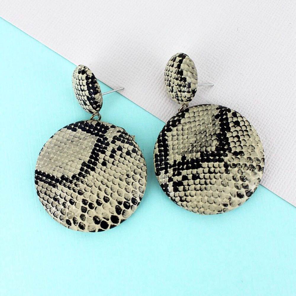 Beige Faux Snakeskin Double Circle Drop Earrings - Picture 1 of 1